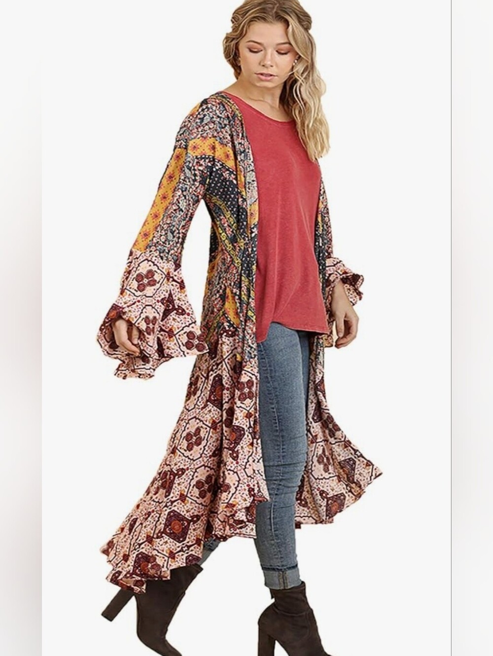 Umgee Ruffled Rayon Bell Sleeve Kimono Size Small